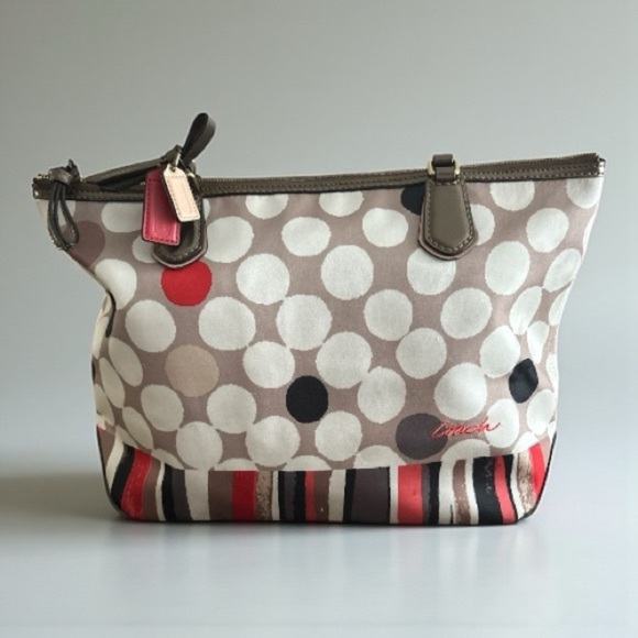Coach Dot and Stripe Shoulder Bag - Brown, Red, White - Picture 1 of 9